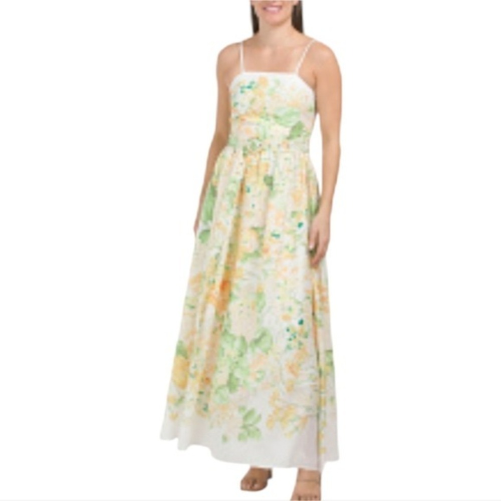 Dalia MacPhee Yellow‎ Green Floral Maxi Fit n Flare Sundress Size Large New!